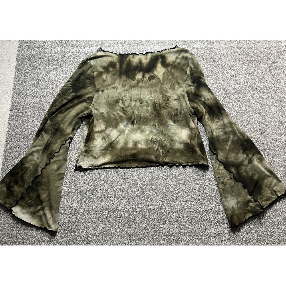 Retro y2k Boho Crop Top Green Tie‎ Dye Size L/XL Grunge Forest Lettuce Hem Bell - Picture 2 of 5